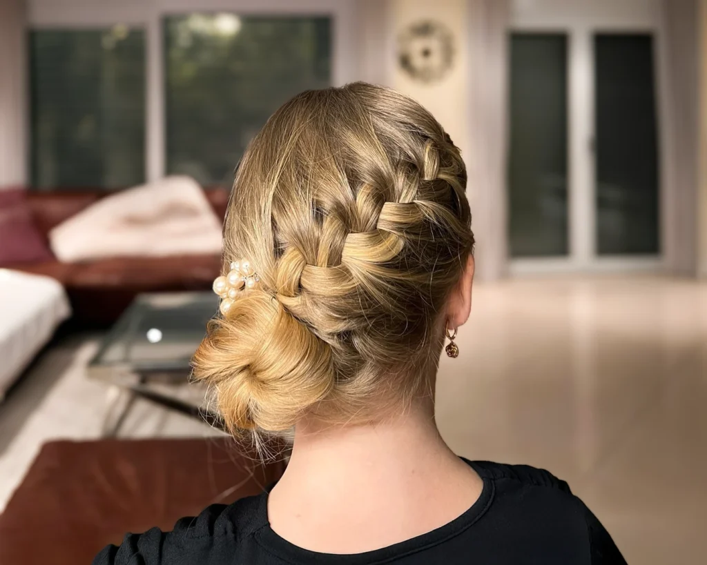 Blonde Frisur mit Zopf